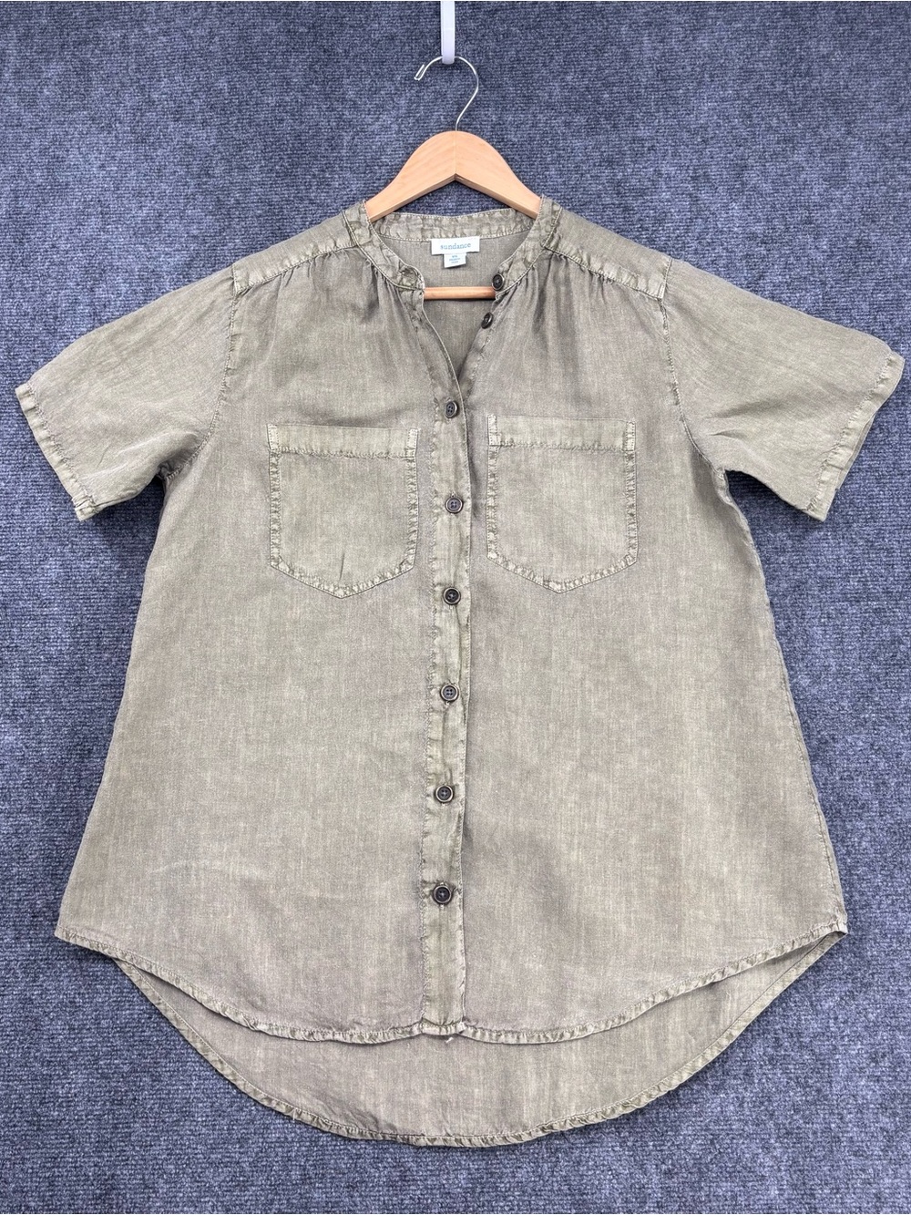Sundance Olive Green 100% Linen Earthy Button Up Short Sleeve Top Women’s XS